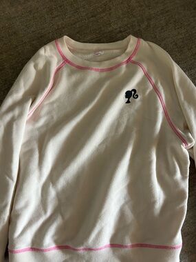 White Sweater with Pink Trim and Black Barbie Silhouette Logo - ACCEPTING OFFERS